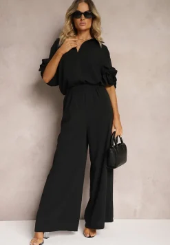 Czarny Komplet Szerokie Spodnie i Koszula z Falbanami Rivathins