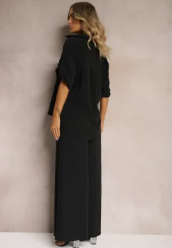 Czarny Komplet Szerokie Spodnie i Koszula z Falbanami Rivathins