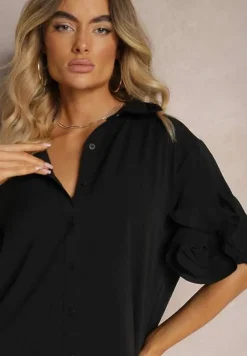 Czarny Komplet Szerokie Spodnie i Koszula z Falbanami Rivathins