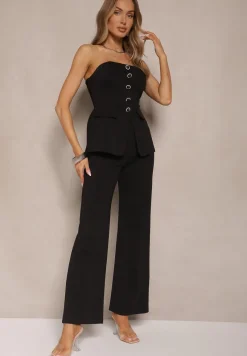 Czarny Komplet Top Bandeau Zdobiony Guzikami i Spodnie o Szerokim Kroju Palarienna