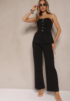 Czarny Komplet Top Bandeau Zdobiony Guzikami i Spodnie o Szerokim Kroju Palarienna
