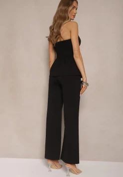 Czarny Komplet Top Bandeau Zdobiony Guzikami i Spodnie o Szerokim Kroju Palarienna