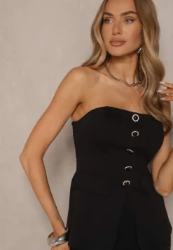 Czarny Komplet Top Bandeau Zdobiony Guzikami i Spodnie o Szerokim Kroju Palarienna