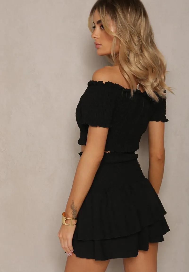 Czarny Komplet Top Hiszpanka i Spódnico-Spodenki z Falbanami oraz Gumką Rinaria