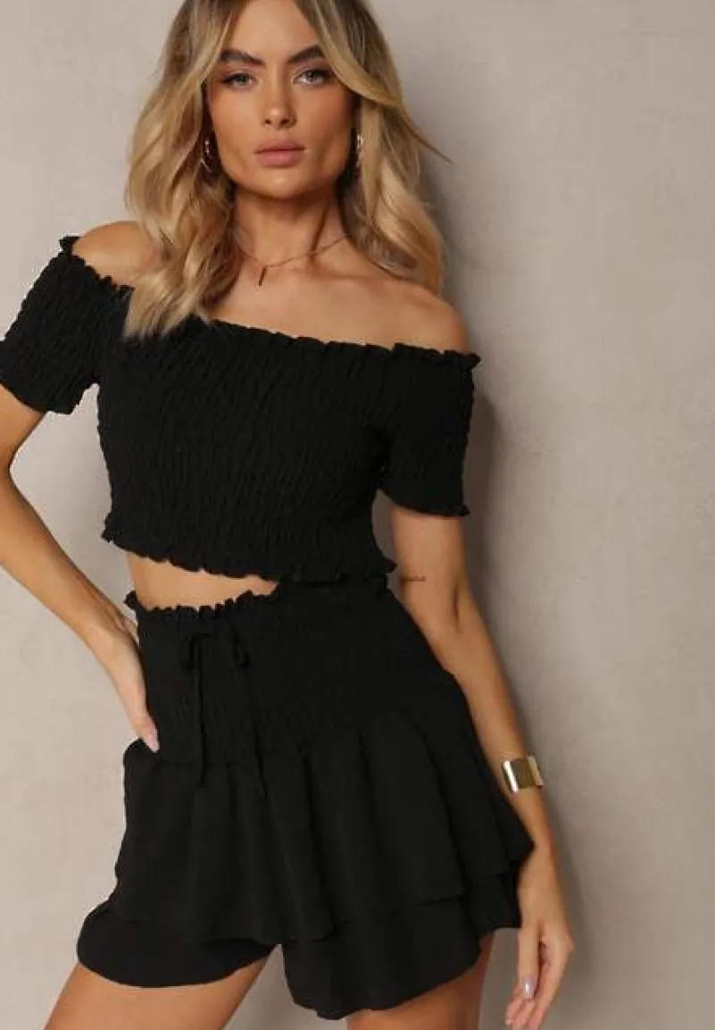 Czarny Komplet Top Hiszpanka i Spódnico-Spodenki z Falbanami oraz Gumką Rinaria