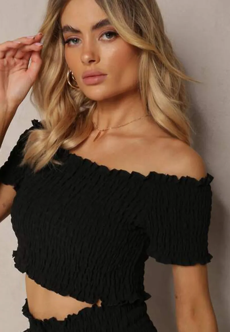 Czarny Komplet Top Hiszpanka i Spódnico-Spodenki z Falbanami oraz Gumką Rinaria