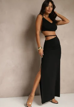 Czarny Komplet Top i Marszczona Spódnica z Ozdobnym Rozcięciem Filarea