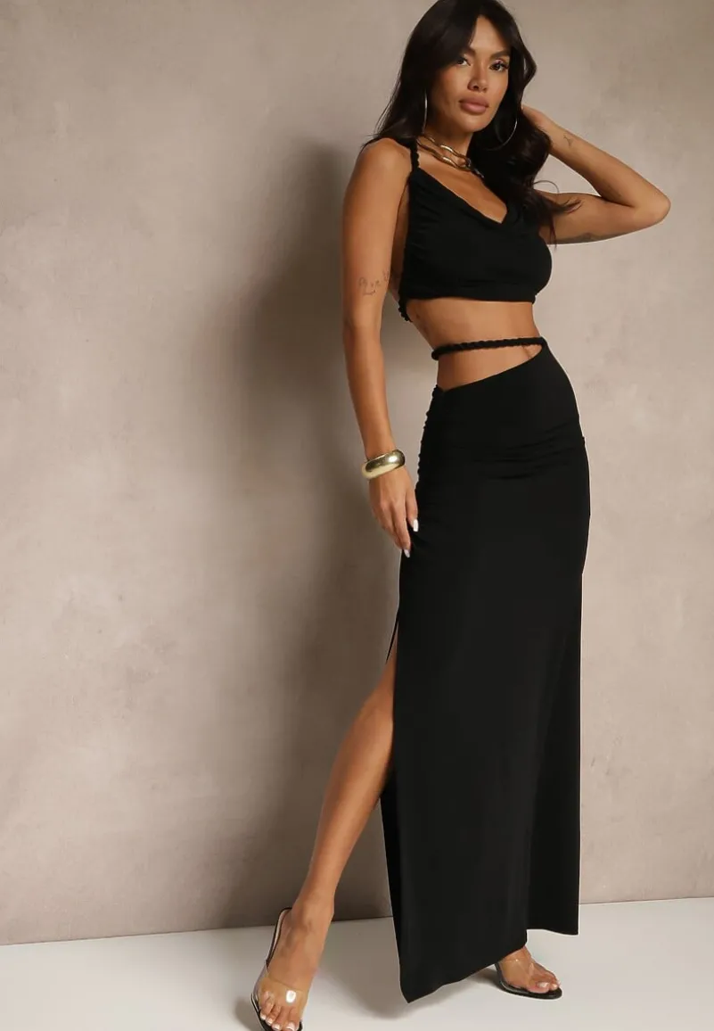 Czarny Komplet Top i Marszczona Spódnica z Ozdobnym Rozcięciem Filarea