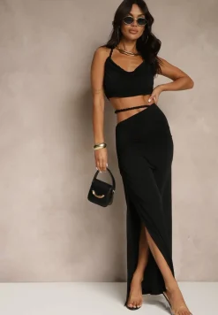 Czarny Komplet Top i Marszczona Spódnica z Ozdobnym Rozcięciem Filarea