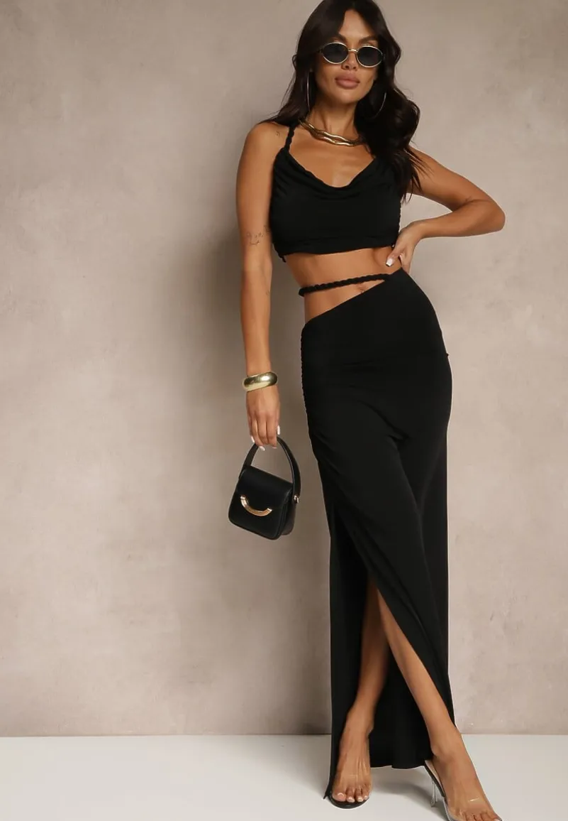 Czarny Komplet Top i Marszczona Spódnica z Ozdobnym Rozcięciem Filarea