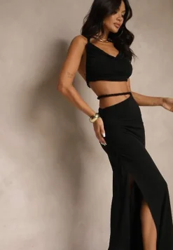 Czarny Komplet Top i Marszczona Spódnica z Ozdobnym Rozcięciem Filarea