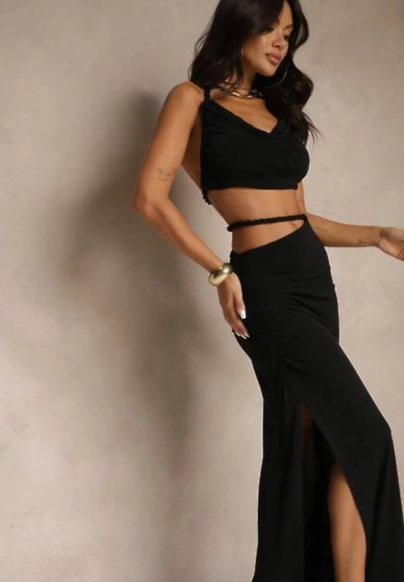 Czarny Komplet Top i Marszczona Spódnica z Ozdobnym Rozcięciem Filarea
