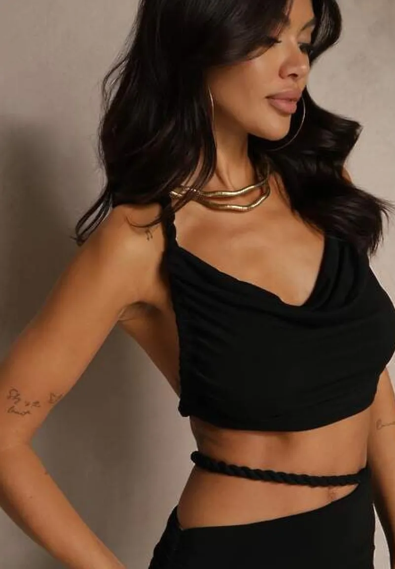 Czarny Komplet Top i Marszczona Spódnica z Ozdobnym Rozcięciem Filarea