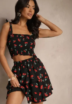 Czarny Komplet Top z Kokardkami i Spódnica w Print z Wisienkami Talitora