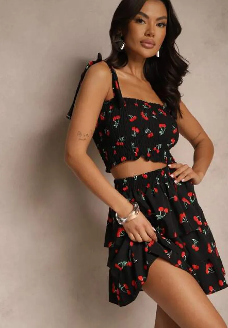 Czarny Komplet Top z Kokardkami i Spódnica w Print z Wisienkami Talitora