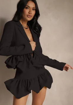 Czarny Komplet w Garniturowym Stylu z Falbanami Marynarka i Spódnico-Szorty Volene