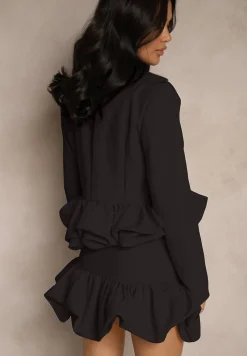 Czarny Komplet w Garniturowym Stylu z Falbanami Marynarka i Spódnico-Szorty Volene