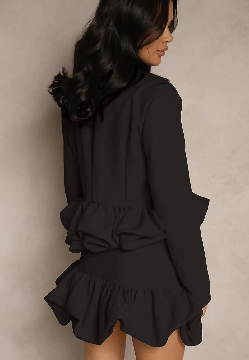 Czarny Komplet w Garniturowym Stylu z Falbanami Marynarka i Spódnico-Szorty Volene