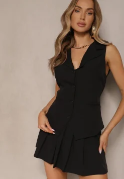 Czarny Komplet w Garniturowym Stylu Kamizelka i Spódnica z Plisami Talkio