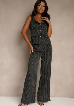 Czarny Komplet w Garniturowym Stylu Spodnie Wide Leg i Kamizelka Onirette