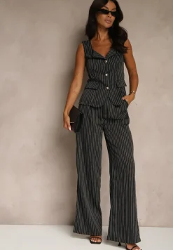 Czarny Komplet w Garniturowym Stylu Spodnie Wide Leg i Kamizelka Onirette