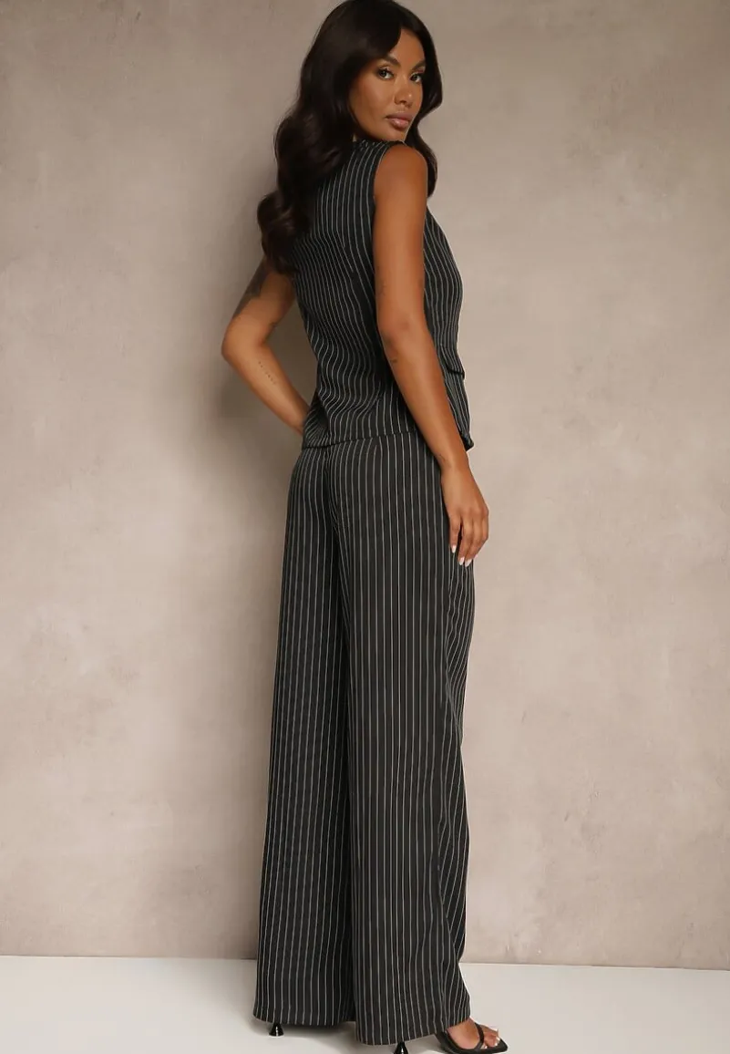 Czarny Komplet w Garniturowym Stylu Spodnie Wide Leg i Kamizelka Onirette