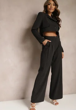Czarny Komplet w Paseczki Marynarka Cropped i Szerokie Spodnie Mairilee
