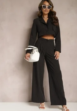 Czarny Komplet w Paseczki Marynarka Cropped i Szerokie Spodnie Mairilee