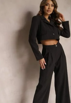Czarny Komplet w Paseczki Marynarka Cropped i Szerokie Spodnie Mairilee