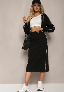 Czarny Komplet w Sportowym Stylu z Krótką Bluzą i Spódnicą Ołówkową Priggida