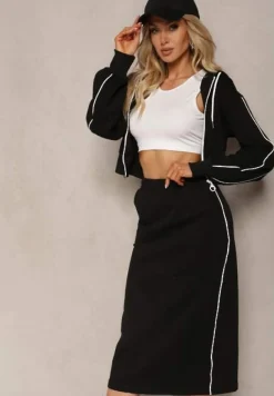 Czarny Komplet w Sportowym Stylu z Krótką Bluzą i Spódnicą Ołówkową Priggida