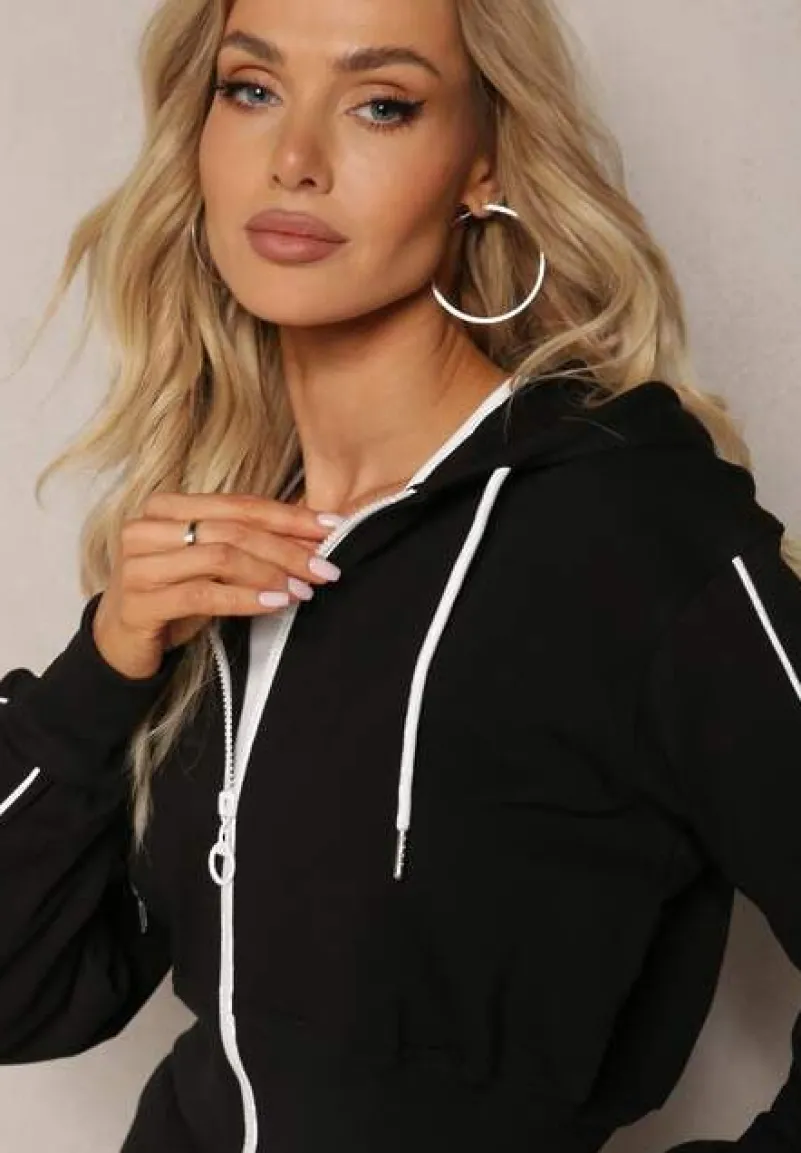 Czarny Komplet w Sportowym Stylu z Krótką Bluzą i Spódnicą Ołówkową Priggida