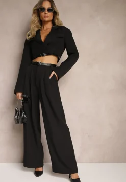 Czarny Komplet w Stylu Garniturowym Szerokie Spodnie z Paskiem i Krótka Marynarka Veritia