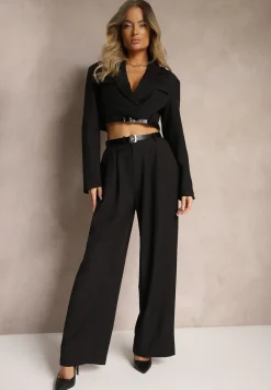 Czarny Komplet w Stylu Garniturowym Szerokie Spodnie z Paskiem i Krótka Marynarka Veritia