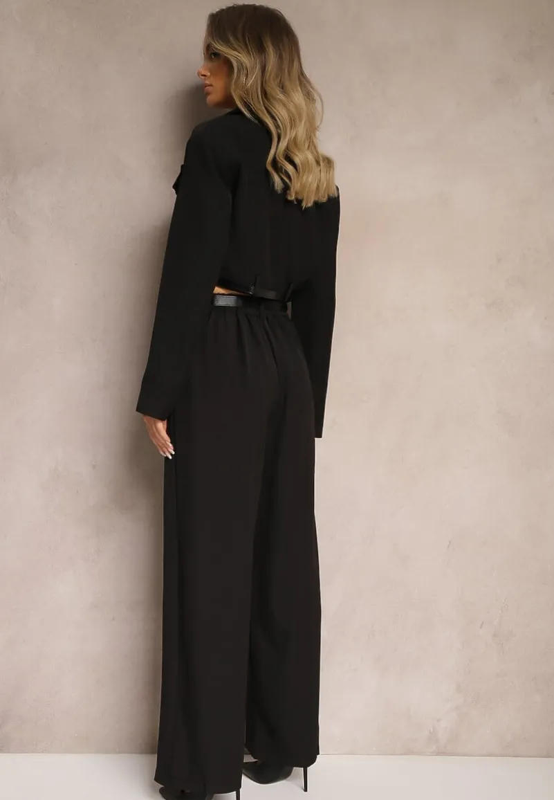 Czarny Komplet w Stylu Garniturowym Szerokie Spodnie z Paskiem i Krótka Marynarka Veritia