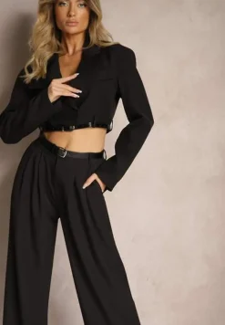 Czarny Komplet w Stylu Garniturowym Szerokie Spodnie z Paskiem i Krótka Marynarka Veritia