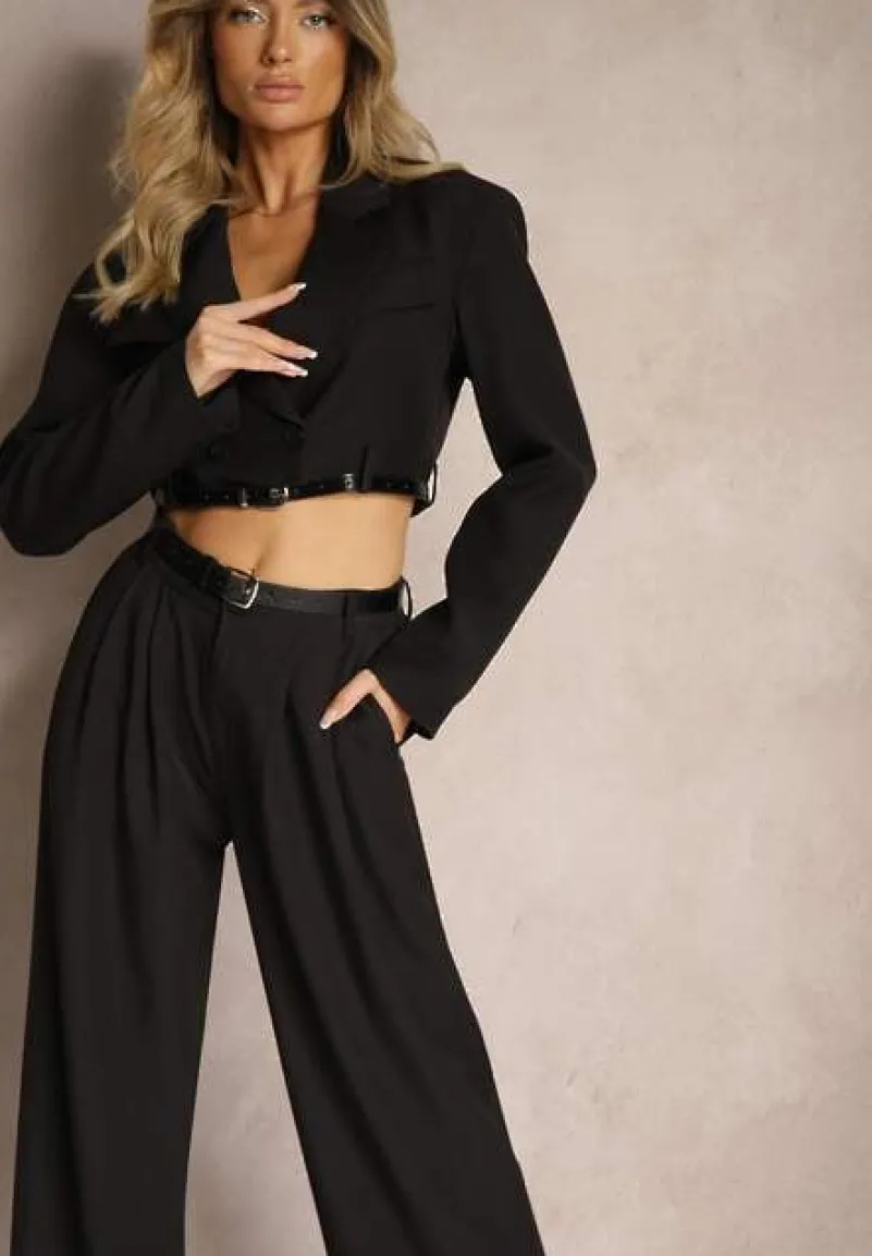 Czarny Komplet w Stylu Garniturowym Szerokie Spodnie z Paskiem i Krótka Marynarka Veritia