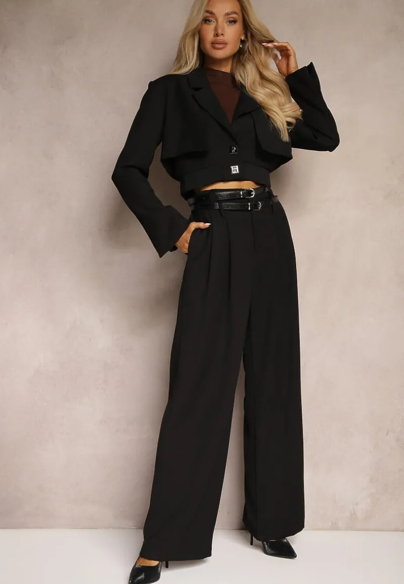 Czarny Komplet w Stylu Garniturowym Krótka Marynarka i Długie Luźne Spodnie z Dwoma Paskami w Talii Rilithra