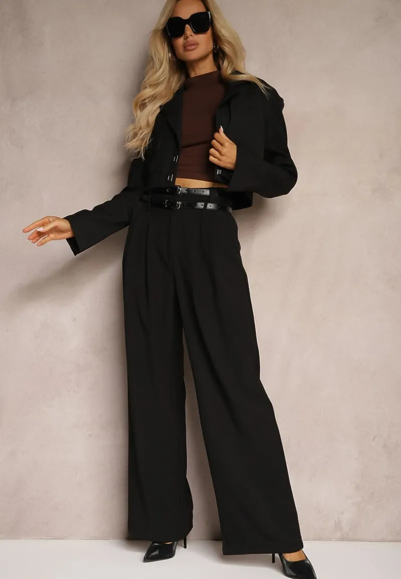 Czarny Komplet w Stylu Garniturowym Krótka Marynarka i Długie Luźne Spodnie z Dwoma Paskami w Talii Rilithra
