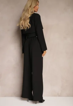 Czarny Komplet w Stylu Garniturowym Krótka Marynarka i Długie Luźne Spodnie z Dwoma Paskami w Talii Rilithra