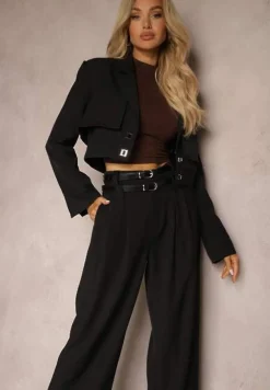 Czarny Komplet w Stylu Garniturowym Krótka Marynarka i Długie Luźne Spodnie z Dwoma Paskami w Talii Rilithra