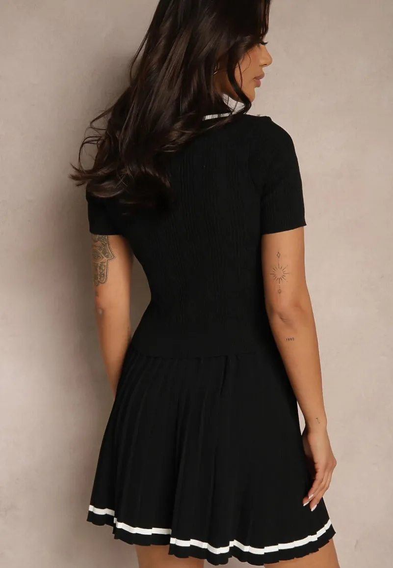 Czarny Komplet w Stylu Mundurka Sweter Polo z Krótkim Rękawem Kokardka i Spódnica Lariona