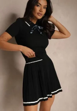 Czarny Komplet w Stylu Mundurka Sweter Polo z Krótkim Rękawem Kokardka i Spódnica Lariona