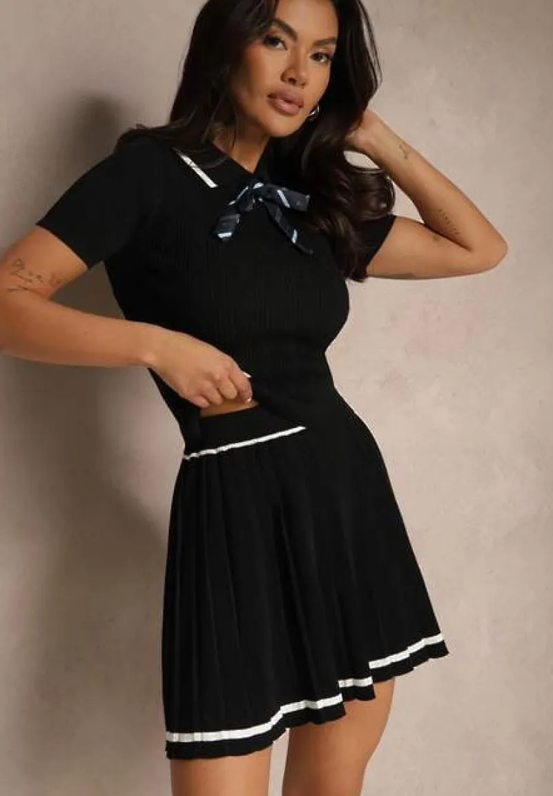 Czarny Komplet w Stylu Mundurka Sweter Polo z Krótkim Rękawem Kokardka i Spódnica Lariona