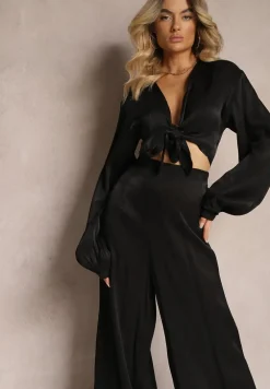 Czarny Komplet Wiązana Koszula z Luźnym Rękawem i Szerokie Spodnie Aphina