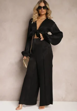 Czarny Komplet Wiązana Koszula z Luźnym Rękawem i Szerokie Spodnie Aphina