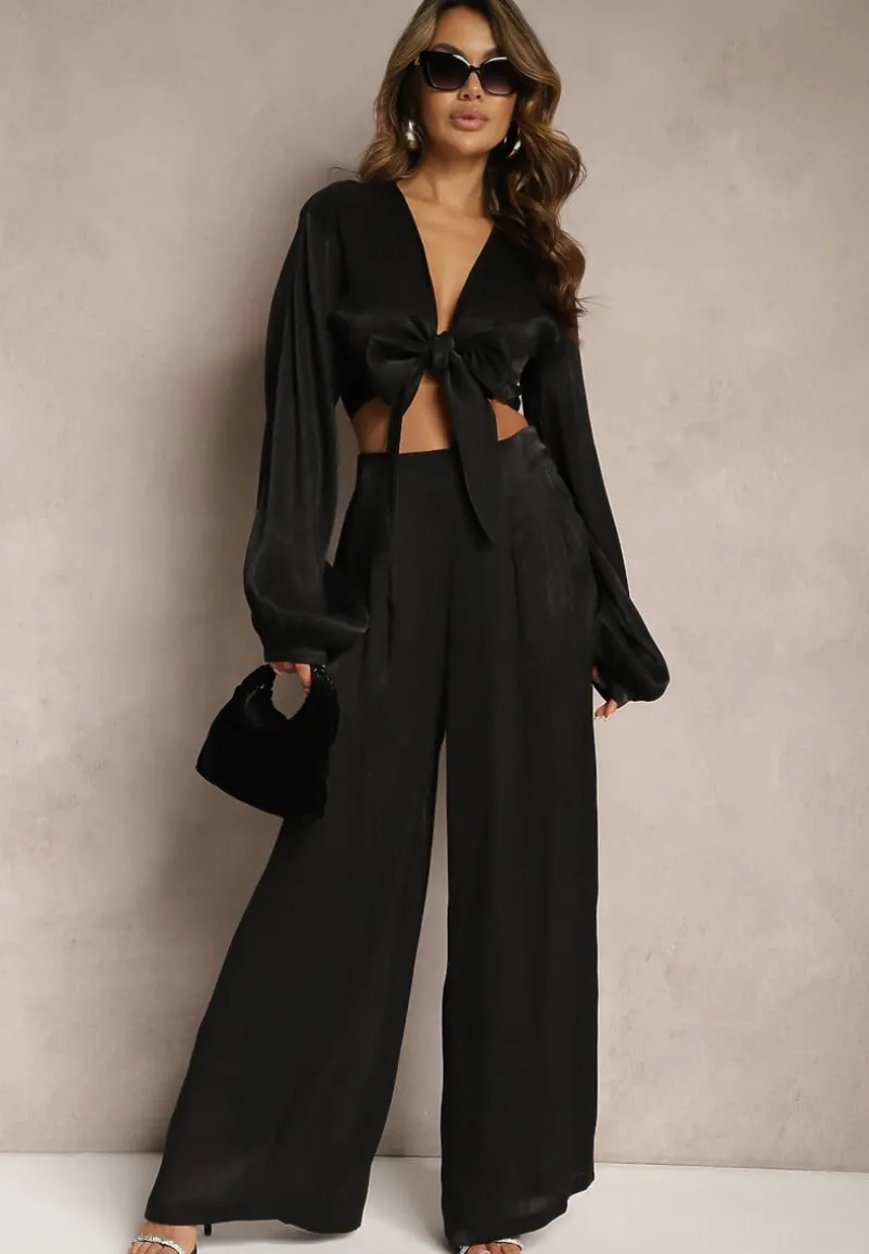 Czarny Komplet Wiązana Koszula z Luźnym Rękawem i Szerokie Spodnie Aphina