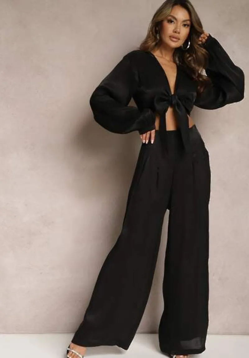 Czarny Komplet Wiązana Koszula z Luźnym Rękawem i Szerokie Spodnie Aphina