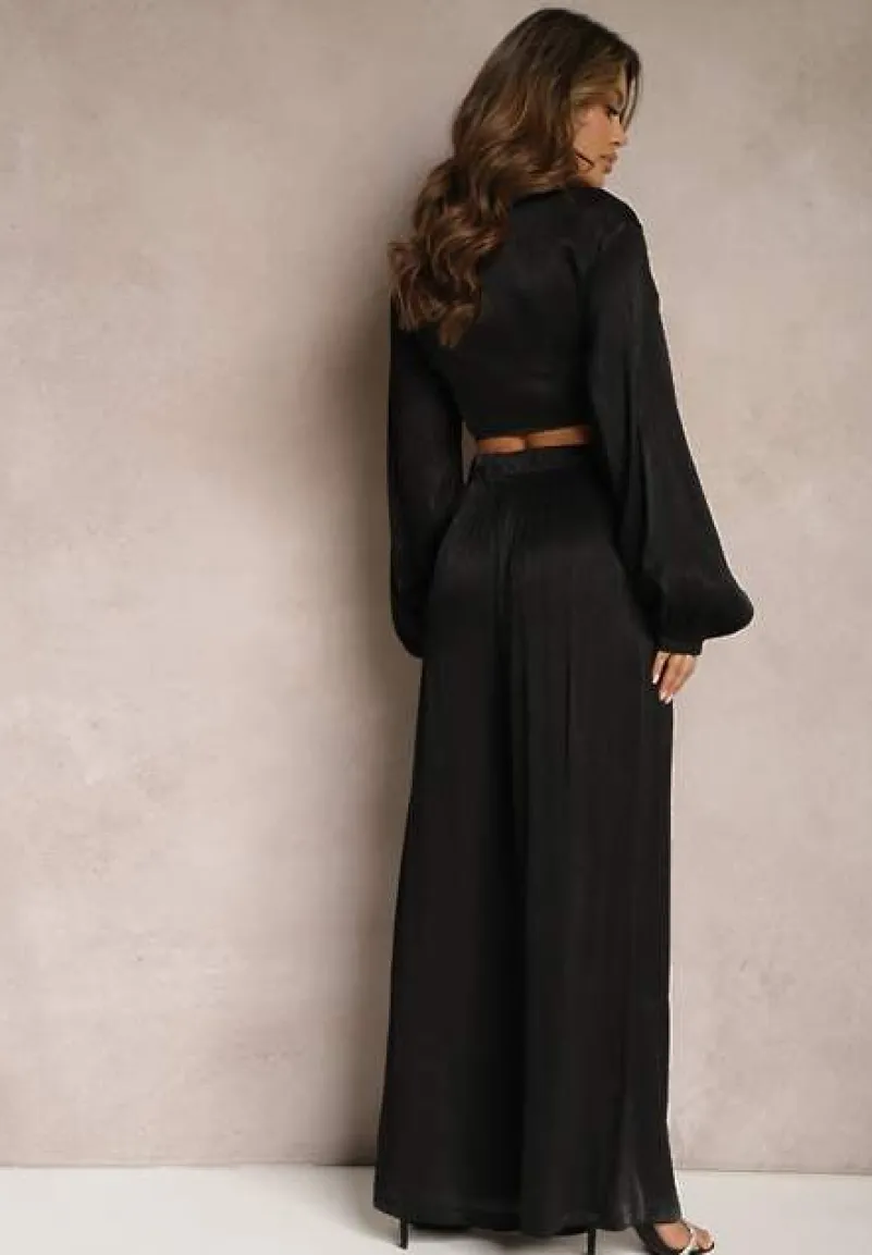 Czarny Komplet Wiązana Koszula z Luźnym Rękawem i Szerokie Spodnie Aphina