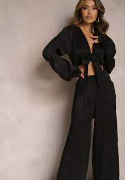Czarny Komplet Wiązana Koszula z Luźnym Rękawem i Szerokie Spodnie Aphina